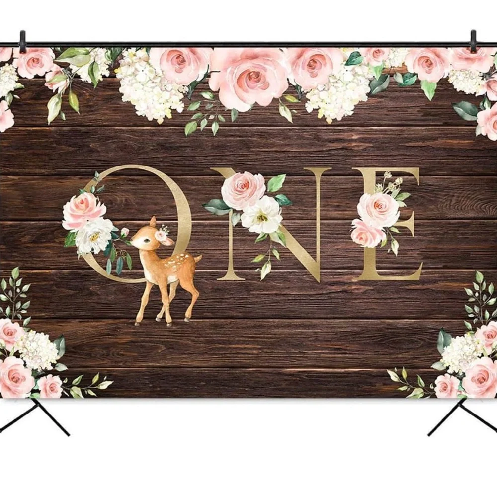 Deer 1st Birthday Backdrop, 4 x 6,Rustic Wood Floral Girls First Birthday